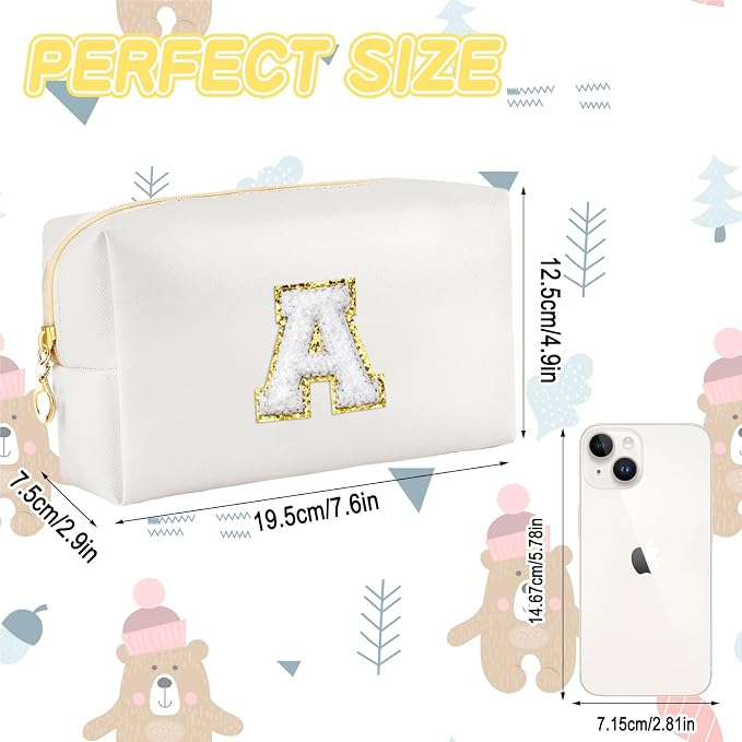 URSKYTOUS Gifts for Girls Initial Makeup Bag Personalized Cosmetic Bag with Zipper Cute Travel Toiletry Bags Waterproof PU Preppy Makeup Pouch Birthday Gift for Teen Girls Women(White A)