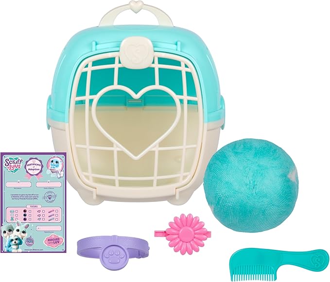 SCRUFFALUVS Pet Scruffs Blue - Mystery Plush Toy, 7.5" Tall - Wash to Reveal 1 of 3 Rescue Pets: Puppy, Bunny, or Kitty - Includes 8.7" Deluxe Pet Carrier - Styles May Vary
