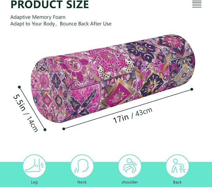 Neck Roll Pillow Bolster Pillows Round Health Memory Foam Long Cervical Cylinder Body Removable Washable Cover Bed Legs Back Yoga Pink Boho Tiles