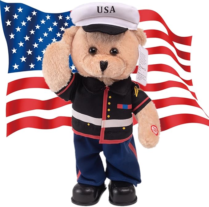Singing Dancing Teddy Bear Stuffed Animals Children's Idol Military Hero Teddy Bear Stuffed Animal, US Army Theme Music Plush Toys,Independence Day Soldier Memorabilia Gifts for Kids 14"(Marine Bear)