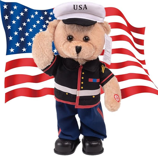 Singing Dancing Teddy Bear Stuffed Animals Children's Idol Military Hero Teddy Bear Stuffed Animal, US Army Theme Music Plush Toys,Independence Day Soldier Memorabilia Gifts for Kids 14"(Marine Bear)
