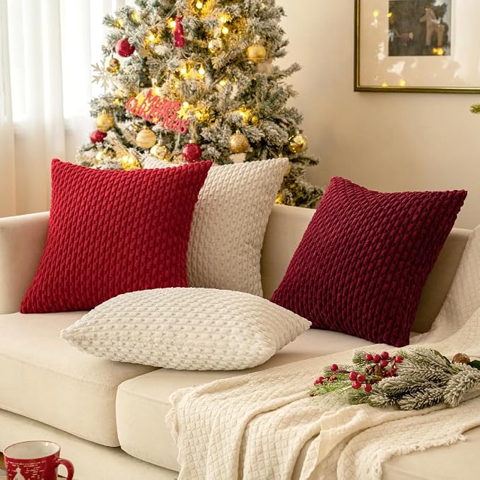 MIULEE Decorative Throw Pillow Covers 18x18 Red Textured Corduroy | Pack of 2 Striped Pillow Covers Modern Farmhouse Home Decor for Couch Bed Sofa Living Room