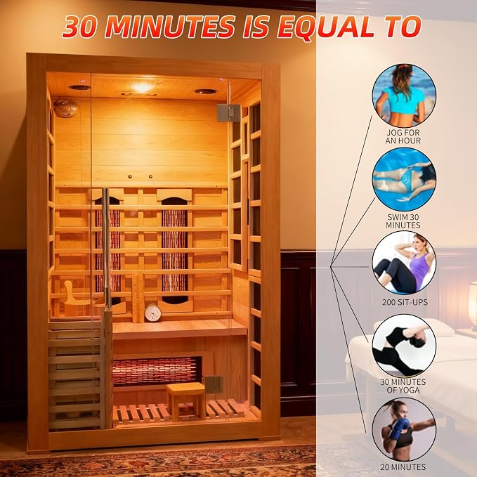 Infrared & Steam Dual-System Sauna Room, 2 Person Canadian Hemlock Wood Sauna, Indoor Traditional Home Saunas Spa with 9 Heaters & 3.5KW Sauna Stove, Oxygen Bar, 51.18"x47.24"x74.86"