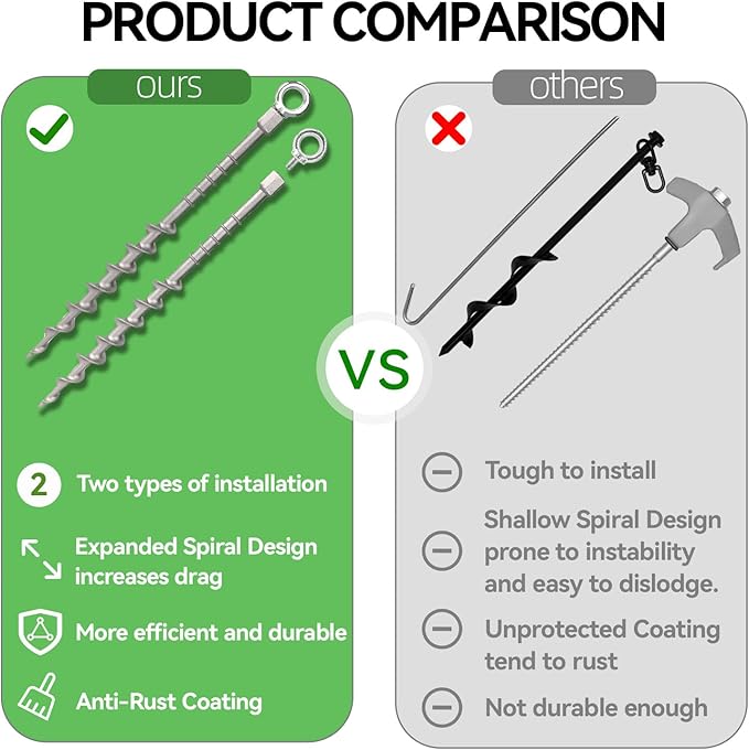 20 Pcs 12" Rustproof Aluminum Screw in Tent Stakes, Heavy Duty Ground Anchors with 8mm Adapter & Hooks, Durable Metal Stakes for Outdoor Camping, Tarp, Swing Sets, Lightweight & Strong Grip