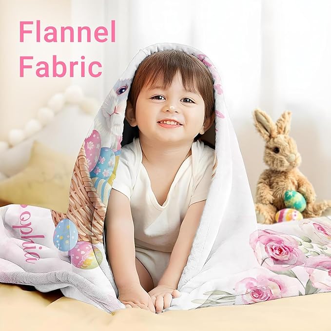 Ships Next Day - Personalized Baby Blanket with Name, Easter Bunny Blanket Gifts for Girls Boys, Custom Flannel Name Blanket, Personalized Easter Gifts for Kids Toddlers