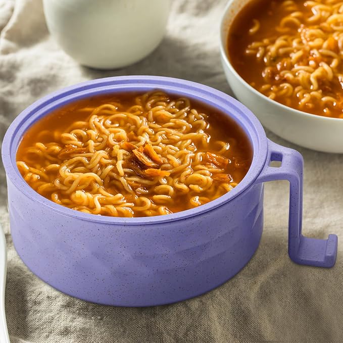1 Set Microwave Ramen Cooker 40oz Wheat Straw Microwave Noodle Bowl Set with Chopsticks, Spoon, Fork, College Dorm Office Apartment Essentials (Purple)