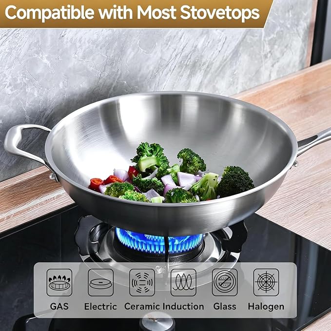 LOLYKITCH 13-Inch Stainless Steel Wok with Glass Lid | Detachable Handle | Uncoated Tri-Ply Stir Fry Pan | Everyday Cooking Wok for Induction & Glass| Flat Bottom | SGS Certified Cookware | PFOA-FREE