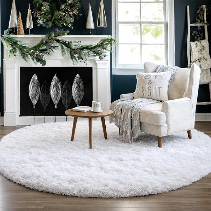 Round Rugs 5Ft White Circle Area Rug, Fluffy Fuzzy Bedroom Carpets for Kids Playroom Home Decor Aesthetic, Plush Soft Shaggy Living Room Rugs for Nursery Dorm Classroom, Modern Cute Shag Furry Carpet