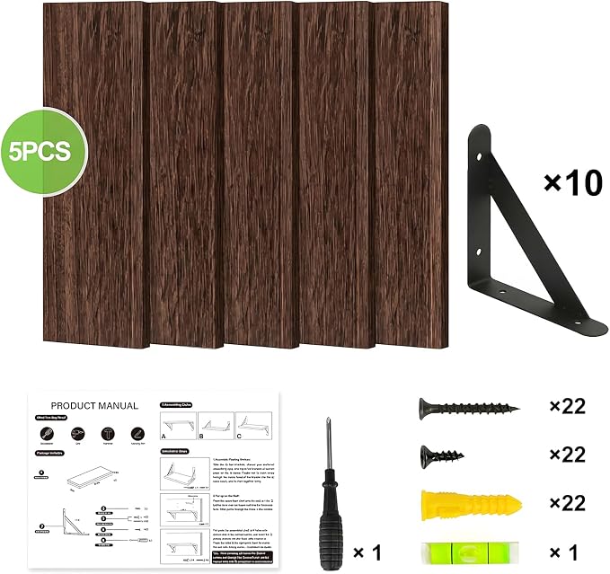 Fixwal Floating Shelves for Wall, Wood Wall Mounted Shelves for Bedroom, Bathroom, Living Room, Kitchen Storage and Decor(Brown, Set of 5, 16.5 Inch)