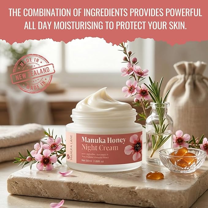 Manuka Lane Manuka Honey Night Cream for Face and Neck with Argireline, Rosemary, Sweet Almond Oil, & Vitamin A | Plant Based Formula | Carefully formulated to keep your skin young and healthy!