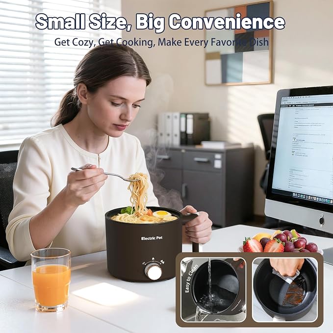 Electric Hot Pot 1.5L Nonstick Ramen Cooker for One-Person | Dual Power Setting for Hot Pot, Pasta/Soup/Oatmeal/Egg, Portable for Dorm/Travel, Overheat & Boil-Dry Protection(Brown, 1.5L)