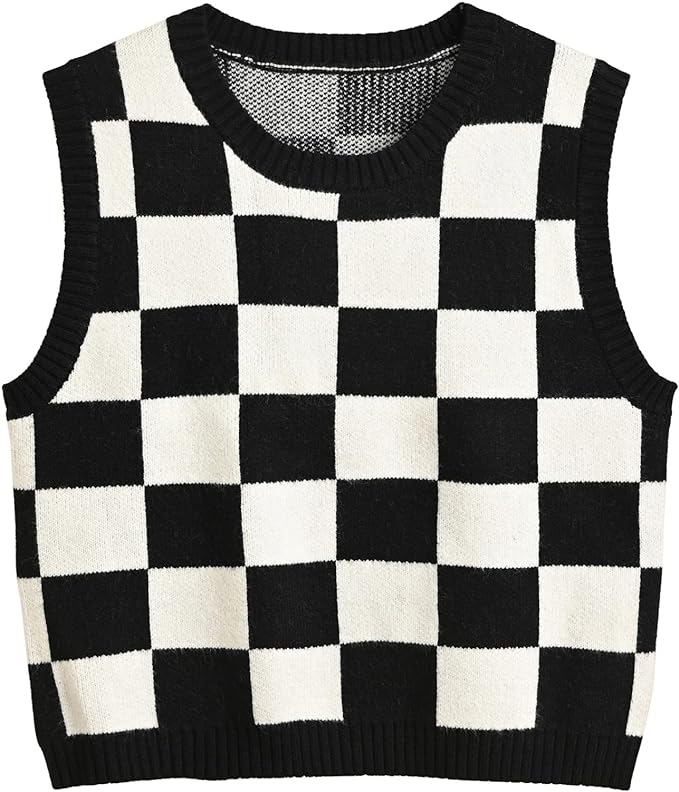 Women's Sweater Vest,Y2K Sleeveless Pattern Preppy Style Knitted Crop Tank Top for Girl