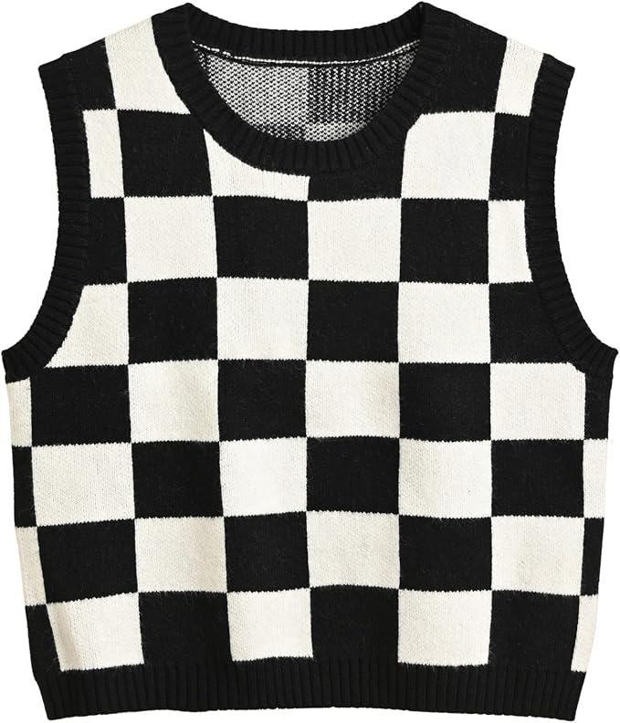 Women's Sweater Vest,Y2K Sleeveless Pattern Preppy Style Knitted Crop Tank Top for Girl