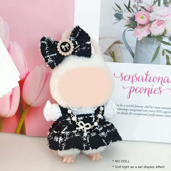 17cm Doll Clothes Set and Accessories Suit,(NO Doll) 5-Piece Set, Clothes for labubu, Festival Gift, Includes Dress, White Clothes，Matching Hair Bow, Necklace, Bags(Black)