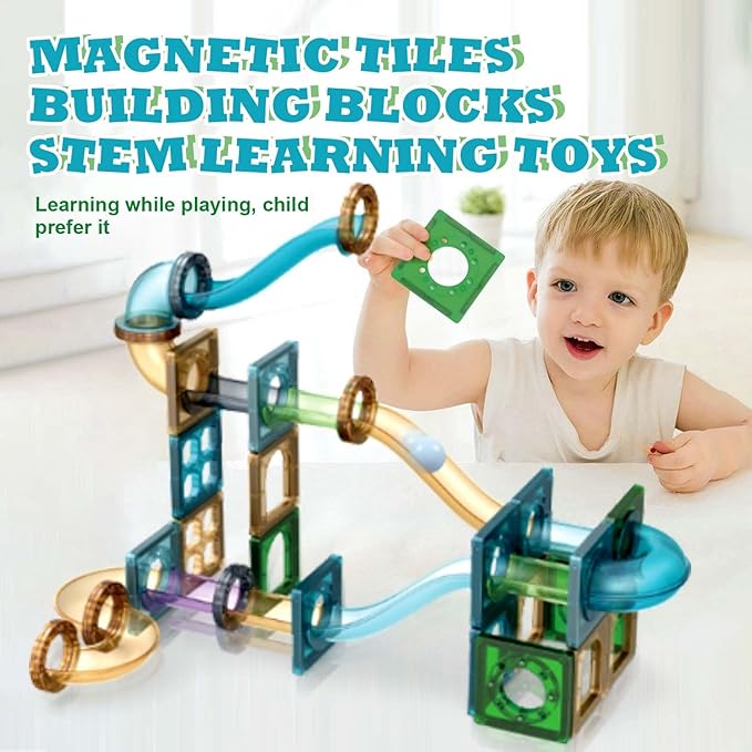 Magnetic Tiles Ball Track, Magnetic Construction Set Magnetic disc, STEM Sensory Educational Games Toys Preschool Building Stacking Block Learning Toys Gift for Toddler Age 3+ Boys Girls Kids (45pcs