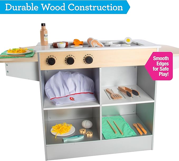 Hibachi Grill Wooden Kids Playset w Stools, Table Settings & Over 25 Toy Food Pieces- Noodles Tongs Meats Veggies- Everything a Little Chef Needs for Pretend Play, Indoor Japanese Restaurant Stand