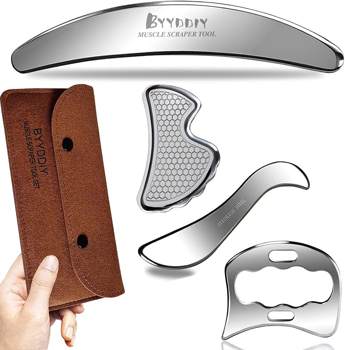 BYYDDIY 4 in 1 304Stainless Steel Muscle Scraper Tool Kit,Scraping Massage Tools for Physical Therapy,Derma Edge Massage Tool & GuaSha Massage Scraper Tool