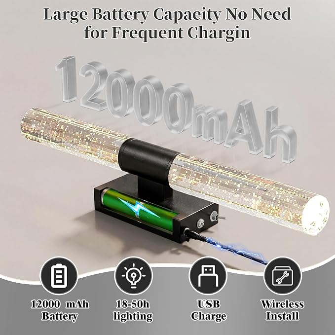 camuucci Battery Operated Wall Sconces Set of 2, Rechargeable Wall Lights | 12000mAh Long-Lasting Battery,Dimmable Cordless Sconce,No Wiring Needed for Bedroom,Living Room,Black 20.9-Inch