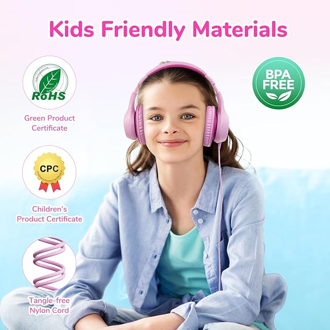 EarFun K3 Kids Headphones, USB Type C Over Ear Headphones for Kids, Volume Limit, HD Stereo Sound, Comfortable Fit, Foldable Wired Headphone for School/Travel/Boys/Girls/Tablet/iPad, Pink