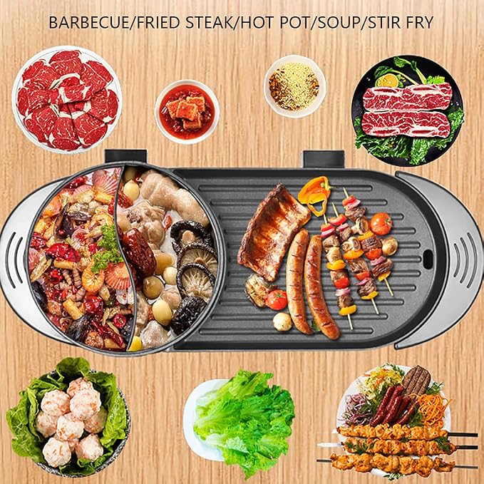 Non-stick Hot Pot with Grill, 2200W Shabu Shabu Hot Pot Korean BBQ Grill, Indoor Electric Hotpot and Grill Combo, Independent Temperature Control for Family and Friends Gathering(2-12 People)