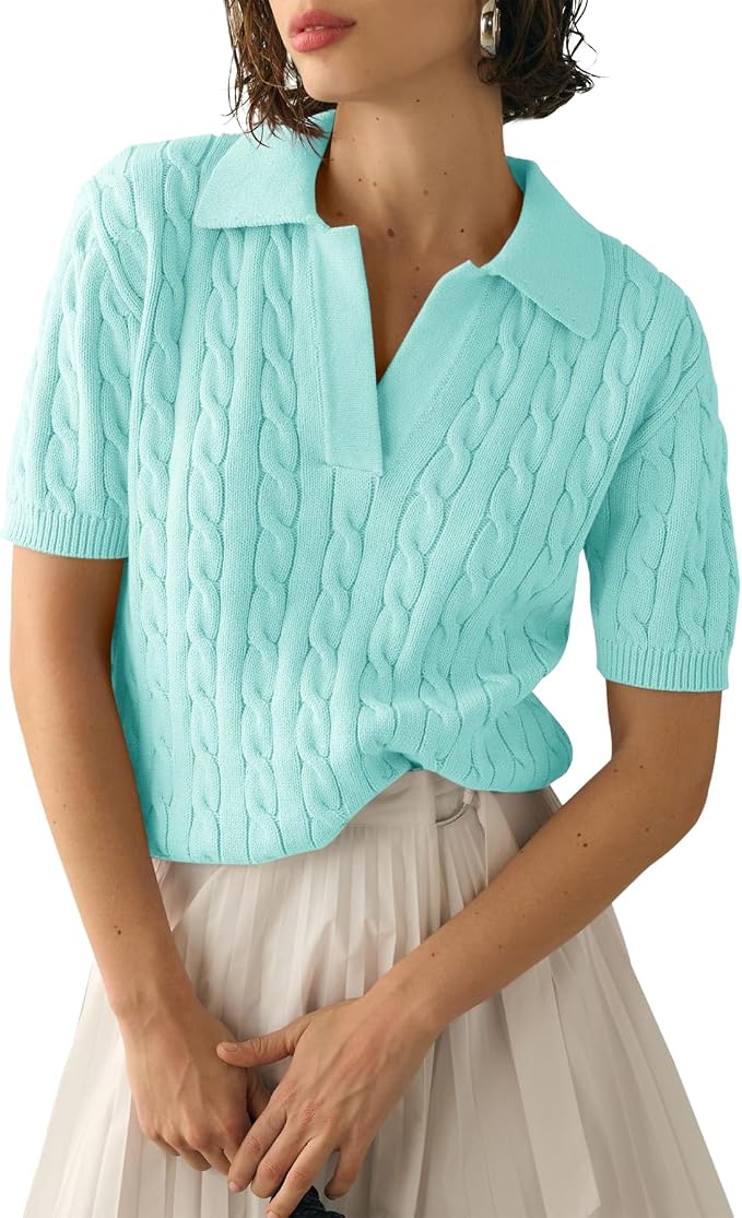 Imily Bela Womens Cable Short Sleeve Sweaters Tops Lapel V Neck Knit Shirt | Solid,Knit Casual,Soft Pullover,Fall Sweaters,Womens Summer Work Tops