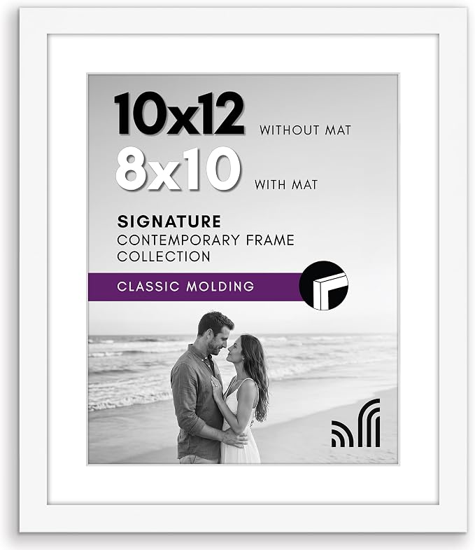 Americanflat 10x12 Picture Frame - Matted to 8x10 - Engineered Wood - White | Shatter-resistant glass, hangs vertical or horizontal, sawtooth hangers included, use with or without mat
