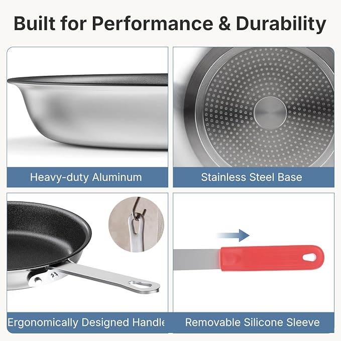 DUMOS 8 Inch Nonstick Frying Pan, Heavy-Gauge Aluminum Skillet with Ceramic Nonstick Coating, Stainless Steel Base & Handle, Omelet Pan for Induction, Electric, Gas, PFAS Free, Oven Safe, Red Handle
