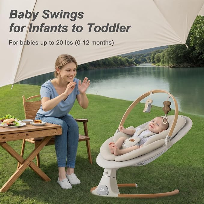 Baby Swings for Infants, Monamii Baby Swing, Bluetooth Infant Swing with Music Speaker, 5 Speeds and Remote Control, Indoor & Outdoor Use (Beige)