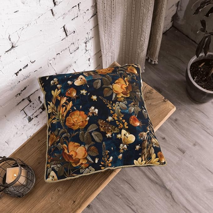 Vintage Floral Velvet Pillow Covers 18x18 Inch Blue Brown Leaf Flowers Throw Pillows for Couch Farmhouse Cushion Covers Pillowcase Butterfly Plant Leaves Pillow Cases for Sofa Bed Outdoor Decor