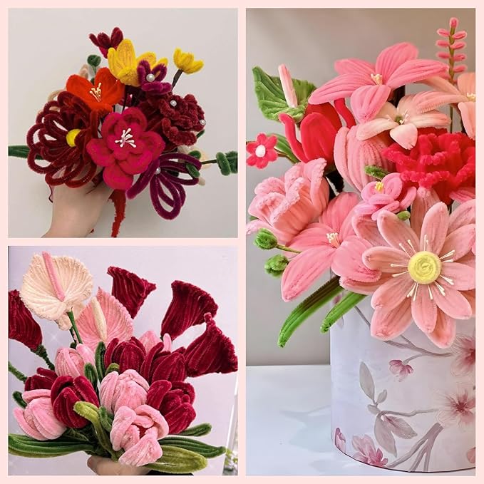 ASTARON 521 Pcs Pipe Cleaners Craft Set, 5 Colors Pipe Cleaners Bulk Pastel Chenille Stems for Craft Pipe Cleaner Flowers Making Kit with Floral Wires, Gardening Tape (Red Pink Series)