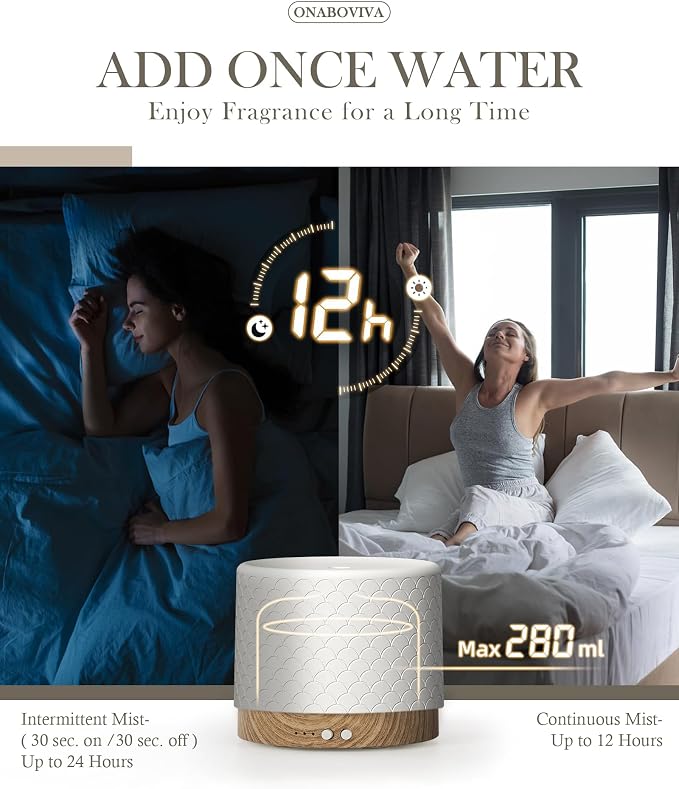 280ml Ceramic Ultrasonic Aromatherapy Diffuser | Cool Mist Humidifier for Large Rooms, Auto Shut-Off, Quiet Sleep Mode & 3 Timer Settings – Ideal for Home, Office, Spa, Yoga, and Bedroom