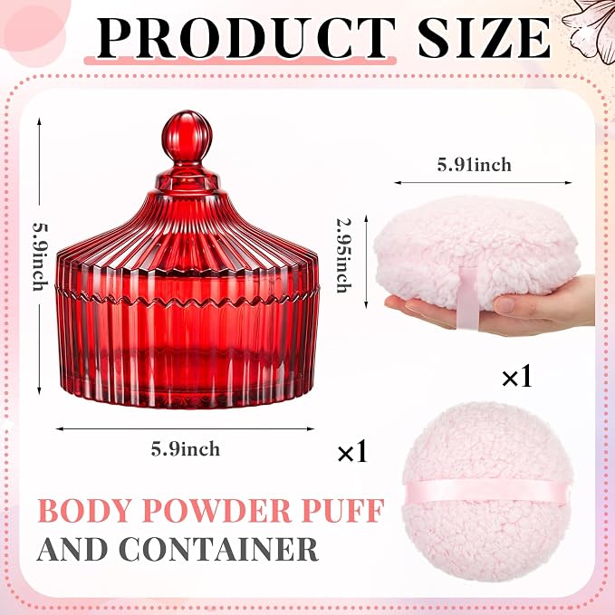 Tioncy 2 Pcs Extra Large Dusting Powder Puff and Container for Women-6'' Glass Crystal Dusting Powder Container with Body Soft Washable Reusable Velour Face(Red,Classic)