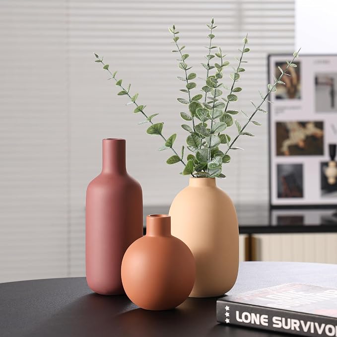 Ceramic Modern Vase for Home Decor Farmhouse Vases Set of 3 Terracotta Decorative Pottery Boho Vases for Pampas Grass Living Room Kitchen Bedroom Entryway Mantel Decor