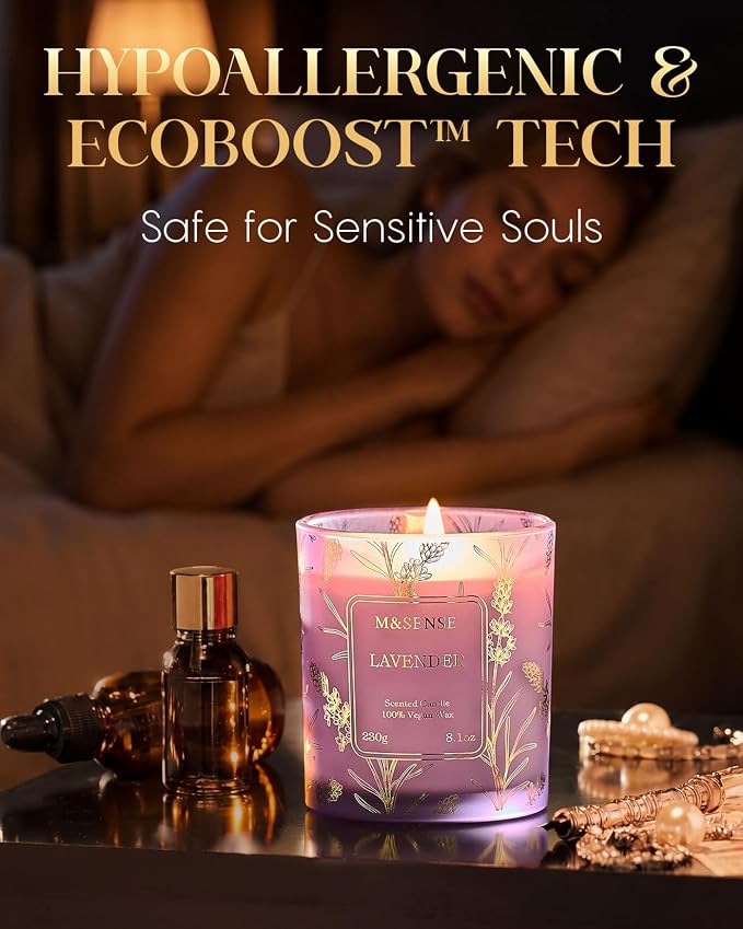 M&SENSE Lavender Soy Candle, 8.1oz Gilded Glass, Sleep Calming Spa Gift | 42H Long Lasting, Non-Toxic, Aromatheraphy Home Fragrance, Warmer Lamp Compatible, Reusable Spa Jar