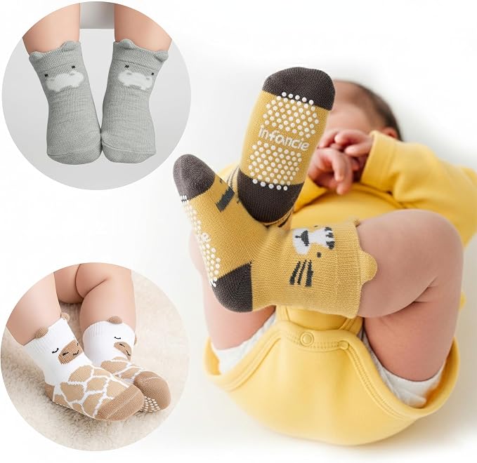 Organic Cotton GOTS Certified Non-Slip Baby Socks 0-6 Months - 7 Pairs Soft Breathable Newborn Socks Animal Design For Infant