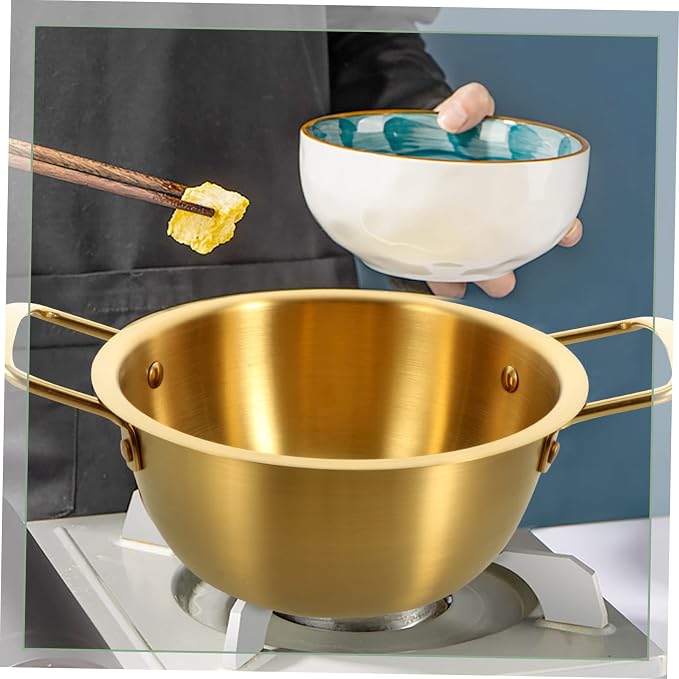 Zerodeko 1set Stainless Steel Double-handle Instant Noodle Pot for Soup and Ramen Korean Style Cooking Utensil Lid for Home Office and Camping Use
