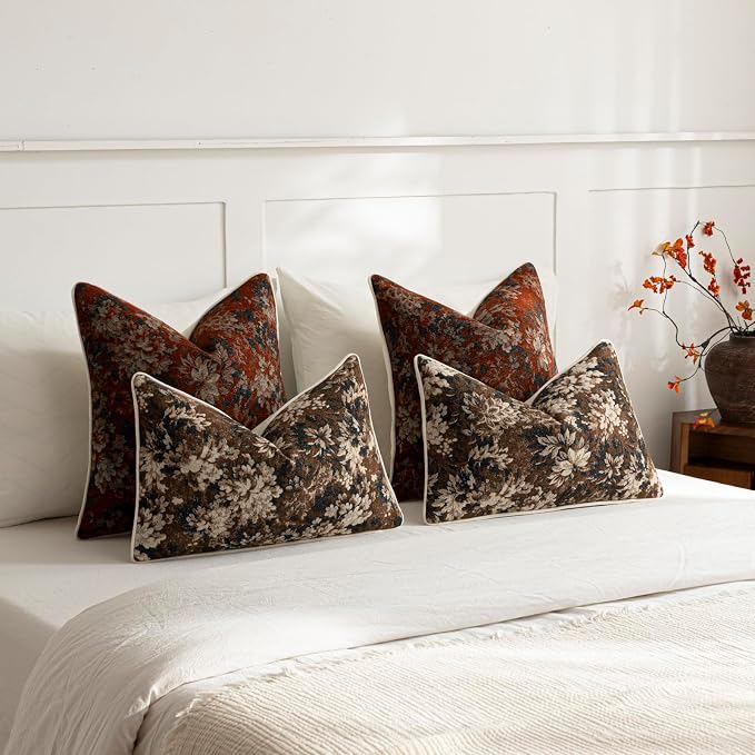 Pack of 2 Vintage Floral Throw Pillow Covers 22x22 Boho Farmhouse Accents Chenille Square Decorative Pillow Cases for Living Room Couch Bed Home Decor, Rust