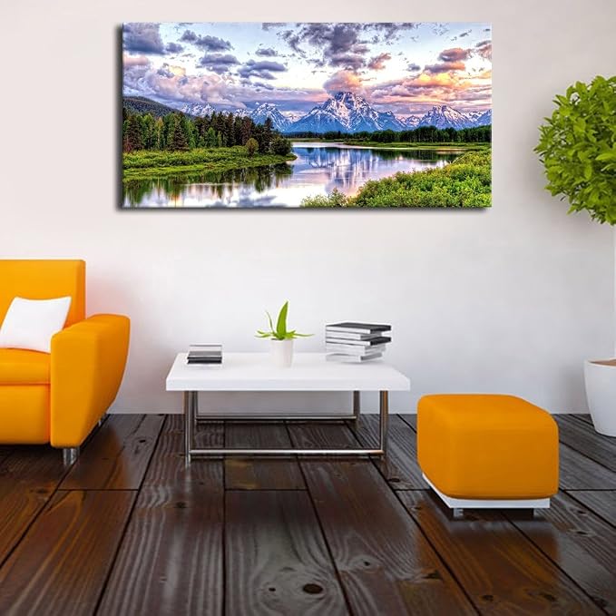 arteWOODS Landscape Canvas Wall Art Nature Picture Oxbow Bend Grand Teton National Park Modern Canvas Artwork River and Forest Contemporary Wall Art Large Size for Home Office Decoration 24" x 48"