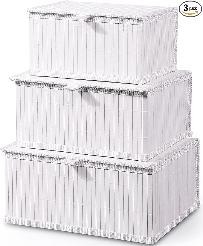 Honygebia Bamboo Decorative Storage Boxes - Set of 3 Woven Lined Storage Basket with Lids, White Wicker Lidded Baskets for Home Kitchen Shelf Organizer Decor