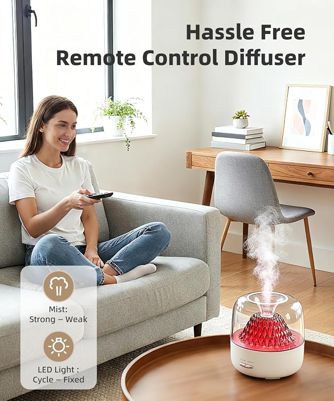 Essential Oil Diffuser for Home, Aromatherapy Volcano Aroma Diffusers & Ambient Light, 200ml Ultrasonic Cool Mist Spray, Air Fragrance for Home Office, Small Room, Bedroom, Auto-Off, White