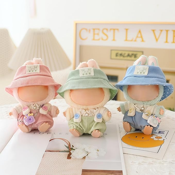 Clothes for Dolls Accessories (No Doll), Cute Outfit Set 5 Pieces Bib Pants for 15 & 17cm Doll Suit, Stylish Dress Up Overalls Doll Clothing Set Replacement with Hat Clothes Shoes Pink