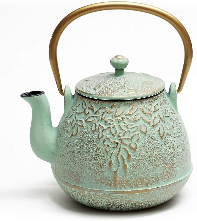 TOPTIER Tea Kettle for Stove Top, Cast Iron Teapot Stovetop Safe with Infusers for Loose Tea, 22 oz, Light Green