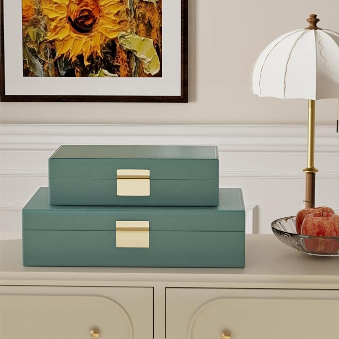 Decorative Storage Box Set of 2, PU Leather Organizer for Home Decor Green | Multi-Purpose Beautiful Decorative Container with Lids Store Photos, Documents, Memory Box Keepsakes Collect, ideal for Gifts