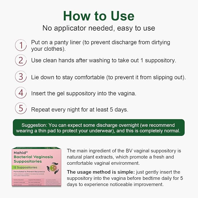 Nahid Bacterial Vaginosis Symptom Suppositories | Targeting Discharge, Odor, Itching, and Irritation | Supports Vaginal Microbiota Balance | 12 Inserts