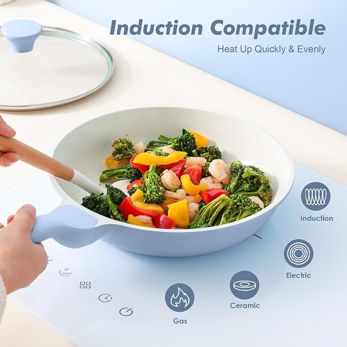 SENSARTE 8Inch Nonstick Ceramic Frying Pan with Lid, PFAS/PTFE Free, Blue | Ceramic Omelette Pan Skillet, Healthy Non-toxic Chef's Pan, Induction Compatible Pan, Heat Resistant Handle
