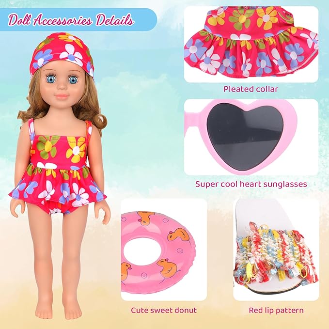 18 Inch Doll Swimsuit Playset, Dorable Doll Summer Dress Playset for 18 Girl Dolls, Includes Doll Bikini Swimsuits, Lovely Sunglasses, Goggles, Sandals and Water Inflatable Ring