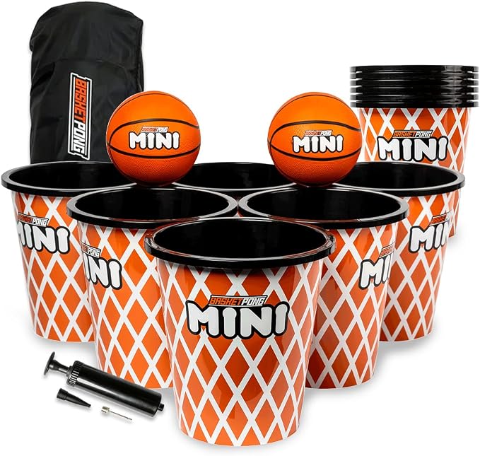 BasketPong Mini – Yard Pong and Basketball Game with 12 Buckets, 2 Balls, Carrying Bag, and Air Pump – Outdoor Game for Lawn, Backyard, Beach, and Travel