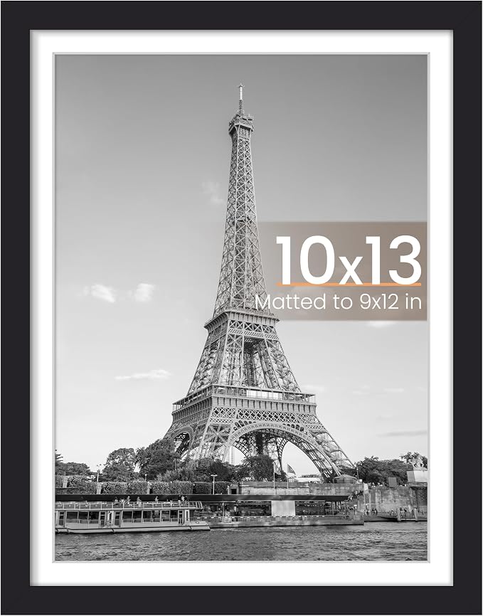 upsimples 10x13 Picture Frames, Display Pictures 9x12 with Mat or 10 x 13 Without, Wall Hanging Photo Frame, Black, 1 Pack