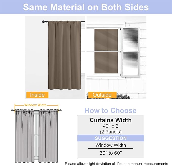 Simplebrand Ava Brown Short 36 Inches Blackout Curtain 2 Panels Set, Half Window Rod Pocket Privacy Curtain Tiers for Kitchen, Curtains Blackout for Bathroom Shades, W40 x L36 Inch, Brown