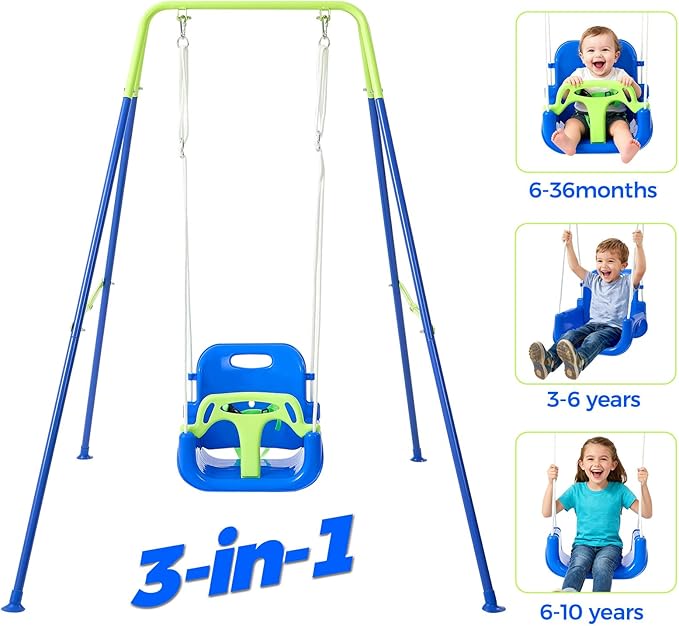 FUNLIO Toddler Swing with Foldable Metal Stand for Toddlers Aged 1~10 Years, 3-in-1 Baby Swing Set with 4 Sandbags for Backyard/Indoor/Outdoor Play, Easy to Assemble & Store - Bluegreen
